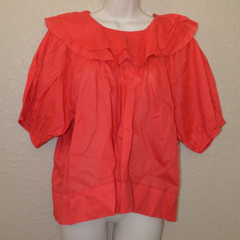 NWT $248 The Great The Sunrise Ruffled Cotton-Voile Red Short Sleeve Blouse - Picture 2 of 10